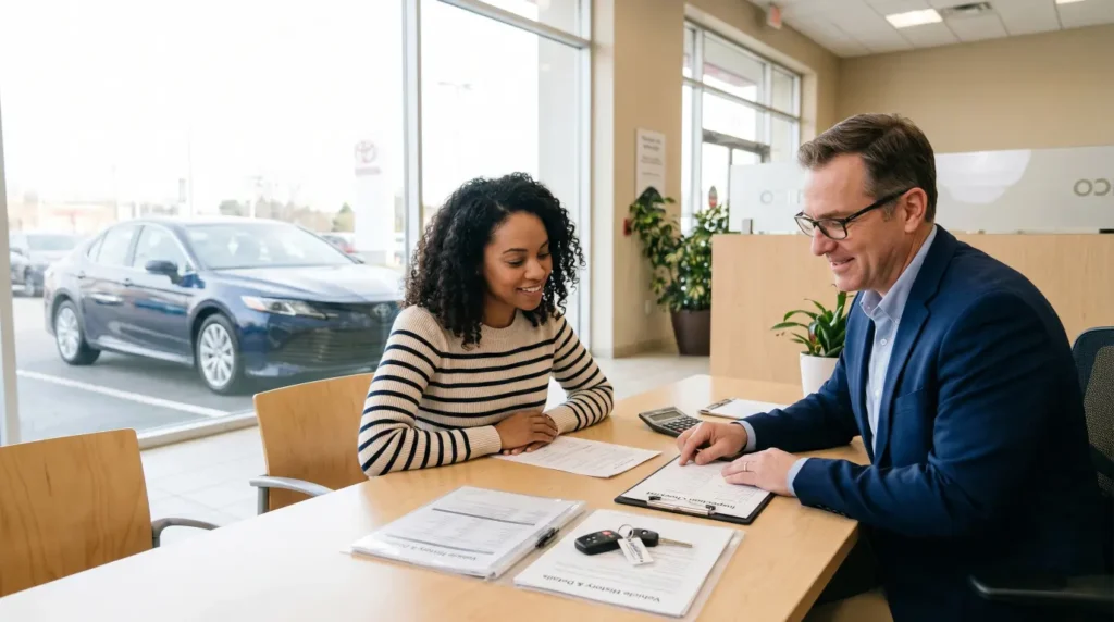 Transparent used car deal signs include clear paperwork, plain payment explanations, realistic answers, and next steps before you commit.